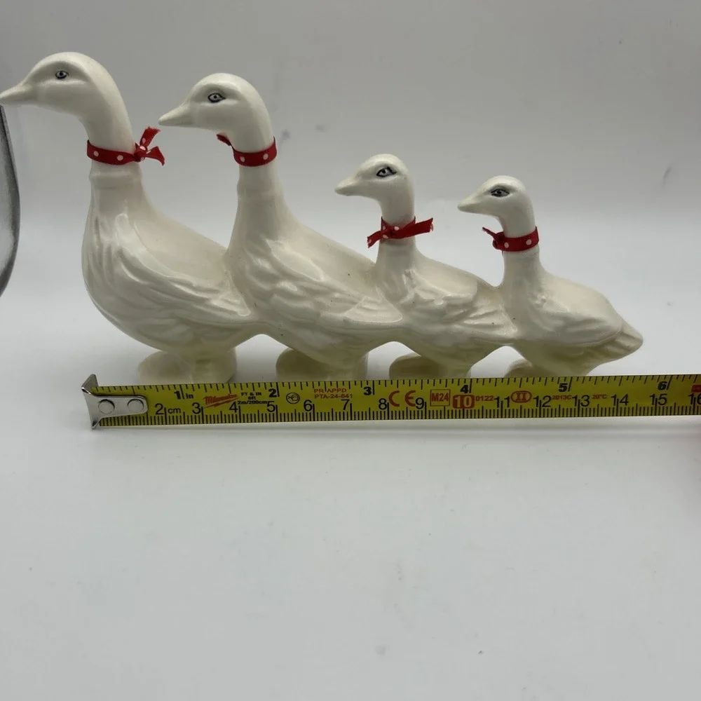 Vintage White Goose Figurines Set of 4 Red Ribbon Collars Farmhouse‎ Decor